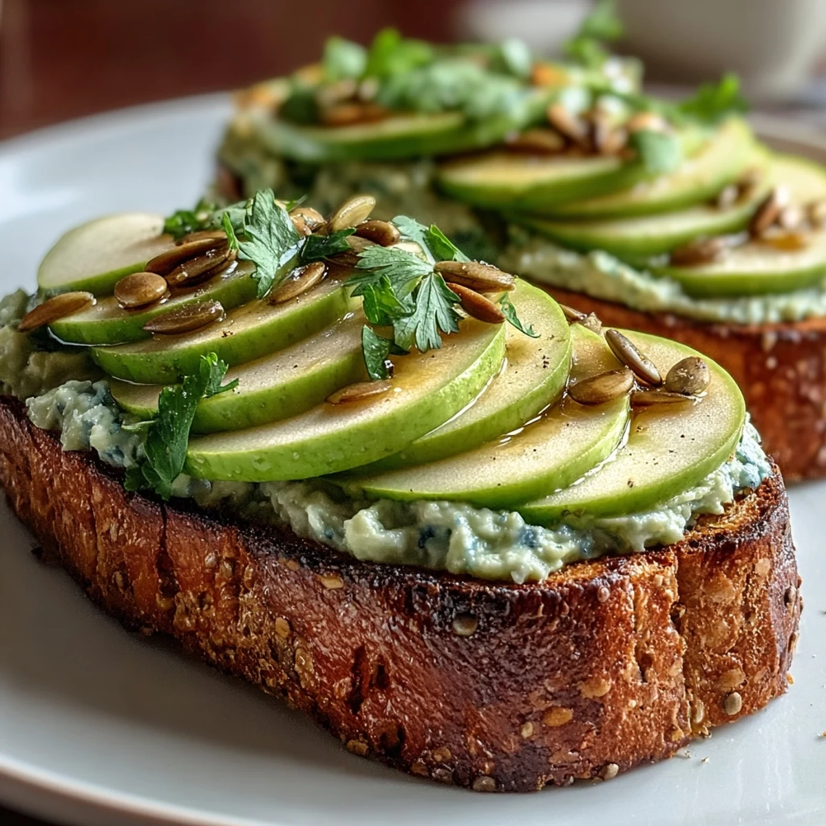 Vibrant avocado and green apple breakfast toast topped with crunchy pumpkin seeds and fresh herbs, a nutritious start to your day.