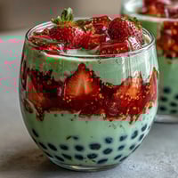 Vibrant strawberry matcha boba drink with layers of fresh strawberry purée, creamy milk, and earthy matcha, topped with chewy tapioca pearls.  