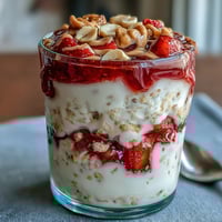 Creamy overnight oats layered with strawberry jam, peanut butter, and crunchy peanuts for a PB&J-inspired breakfast.