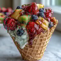 Colorful waffle cones filled with fresh strawberries, blueberries, pineapple, grapes, kiwi, and mango, served with creamy yogurt dip.  