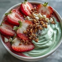 A vibrant strawberry matcha frappuccino-style smoothie bowl with fresh berries and crunchy granola on top.