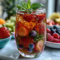 Colorful summer party lemonade bar with fresh fruit, herbs, and syrups for DIY drink mixing.