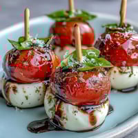 Bridal Shower Caprese Skewers with cherry tomatoes, fresh basil, and mozzarella, drizzled with balsamic glaze.