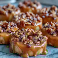 Crisp apple slices drizzled with creamy peanut butter and caramel, topped with crunchy peanuts and chocolate chips for a delightful treat.