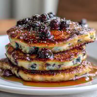Golden sourdough pancakes topped with fresh blueberries and a sprinkle of lemon zest, served on a rustic wooden table.
