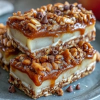 Crisp apple slices drizzled with creamy peanut butter and topped with crunchy granola for a wholesome, satisfying snack.