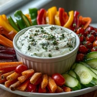 Creamy whipped cottage cheese ranch dip with crisp vegetable sticks for a healthy snack.  