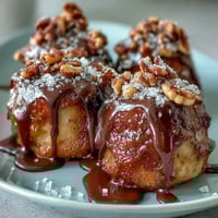Sweet candy apple slices drizzled with caramel and dark chocolate, garnished with chopped nuts for a crunchy bite.