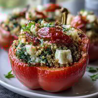 Vibrant stuffed bell peppers bursting with quinoa, herbs, and vegetables, baked until tender for a Mediterranean-inspired meal.