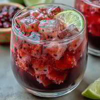 Refreshing dragon fruit refresher with creamy coconut milk, strawberries, and lime, served over ice in a tall glass.