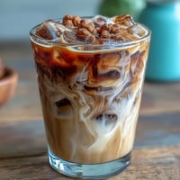 Creamy iced espresso with brown sugar syrup, oat milk, and a hint of cinnamon in a tall glass.