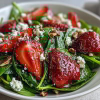 A colorful strawberry spinach salad with creamy goat cheese and toasted pecans, drizzled with balsamic vinaigrette for a refreshing spring dish.