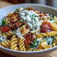 High Protein Pasta Bowl with grilled chicken, creamy sauce, and vibrant spinach.