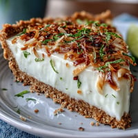 A golden coconut lime tart with graham cracker crust, garnished with whipped cream and toasted coconut flakes.