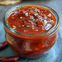 A vibrant jar of homemade fermented hot sauce with bright red chilies and garlic, showcasing the tangy, spicy condiment ready to elevate any dish.