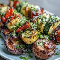 Vibrant grilled veggie kabobs with zesty homemade chimichurri sauce.