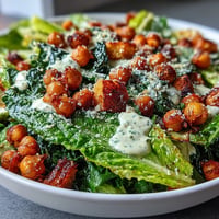 Vegan Caesar salad with crispy chickpea croutons and creamy dressing.