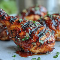 BBQ Chicken Drumsticks with Spicy Peach Glaze, glistening and perfectly grilled.