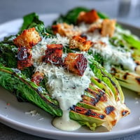 Delicious grilled Caesar salad with smoky charred romaine, creamy dressing, and crunchy croutons.